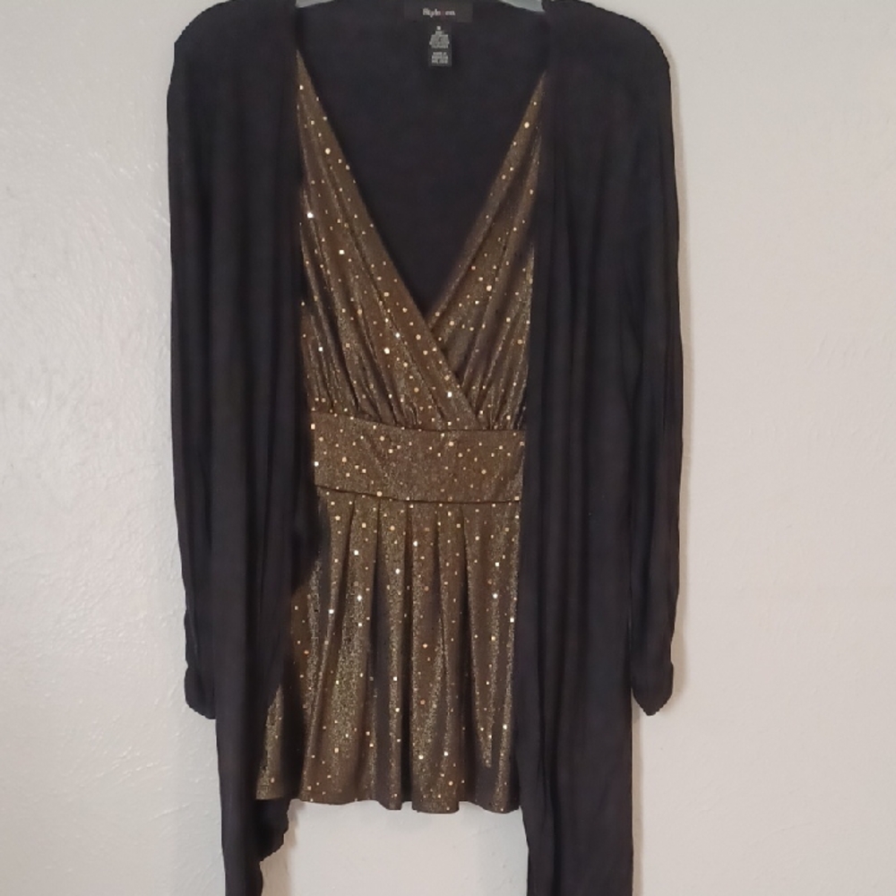 Gold Sparkle Top with Black Cardigan